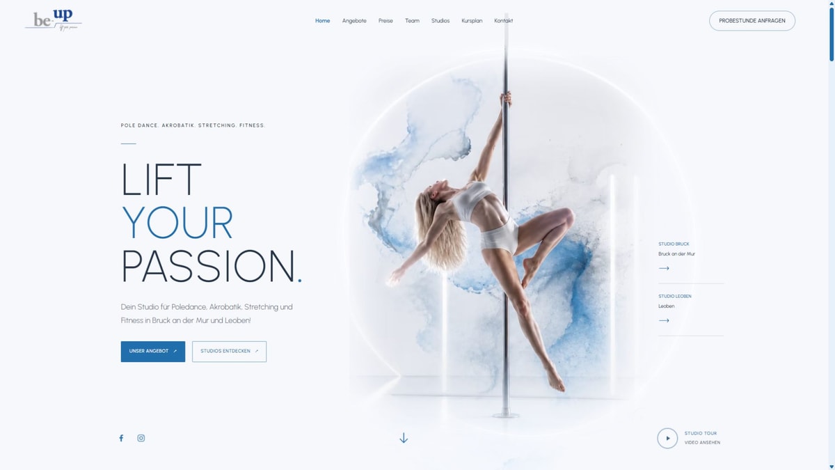 Screenshot der BeUp-Startseite für Pole Dance, Aerial und Stretching