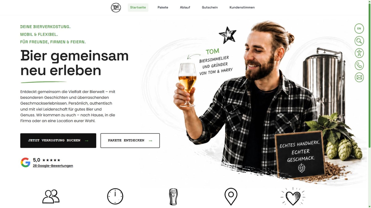 Desktopansicht von bierverkostung.at mit Tom und dem Angebot für mobile Bierverkostungen