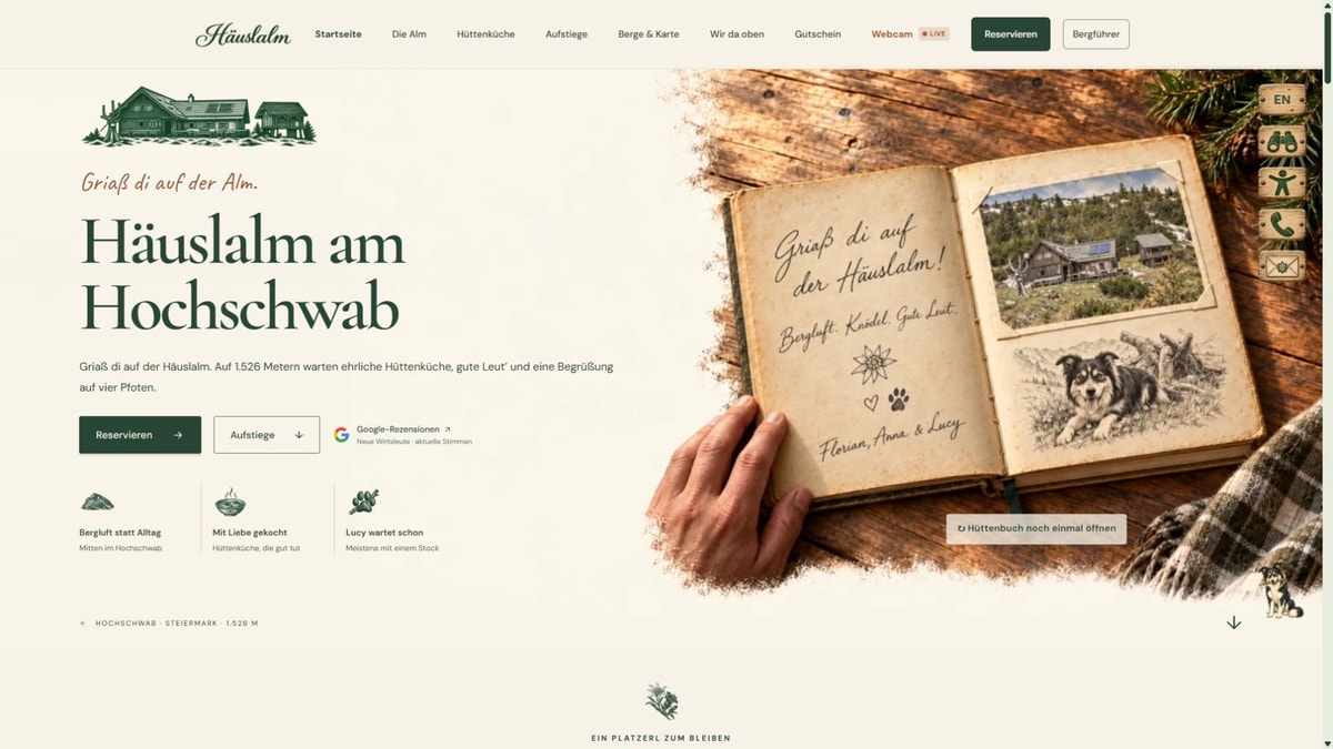 Screenshot der Häuslalm-Startseite mit Hüttenzeichnung und geöffnetem Hüttenbuch