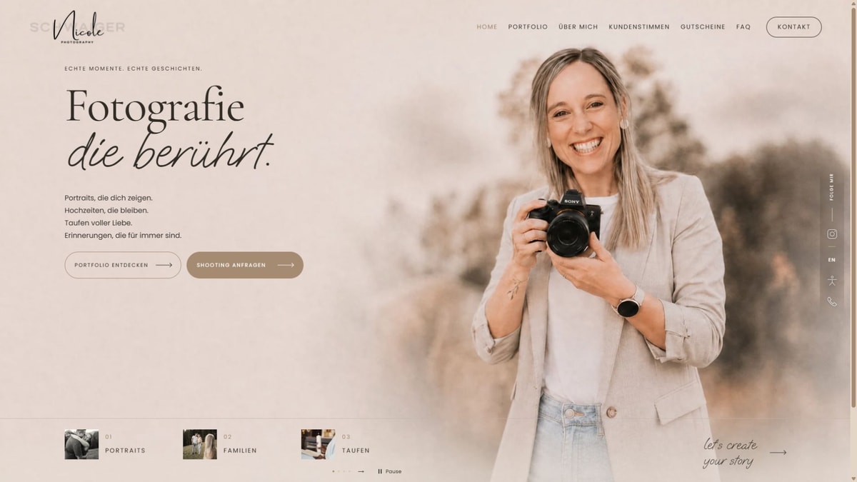 Screenshot der Fotografie-Website von Nicole Schwaiger mit Kamera-Portraits